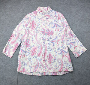 ILinen Button Up Shirt Womens Medium Floral Linen Paisley Pink Coastal Resort